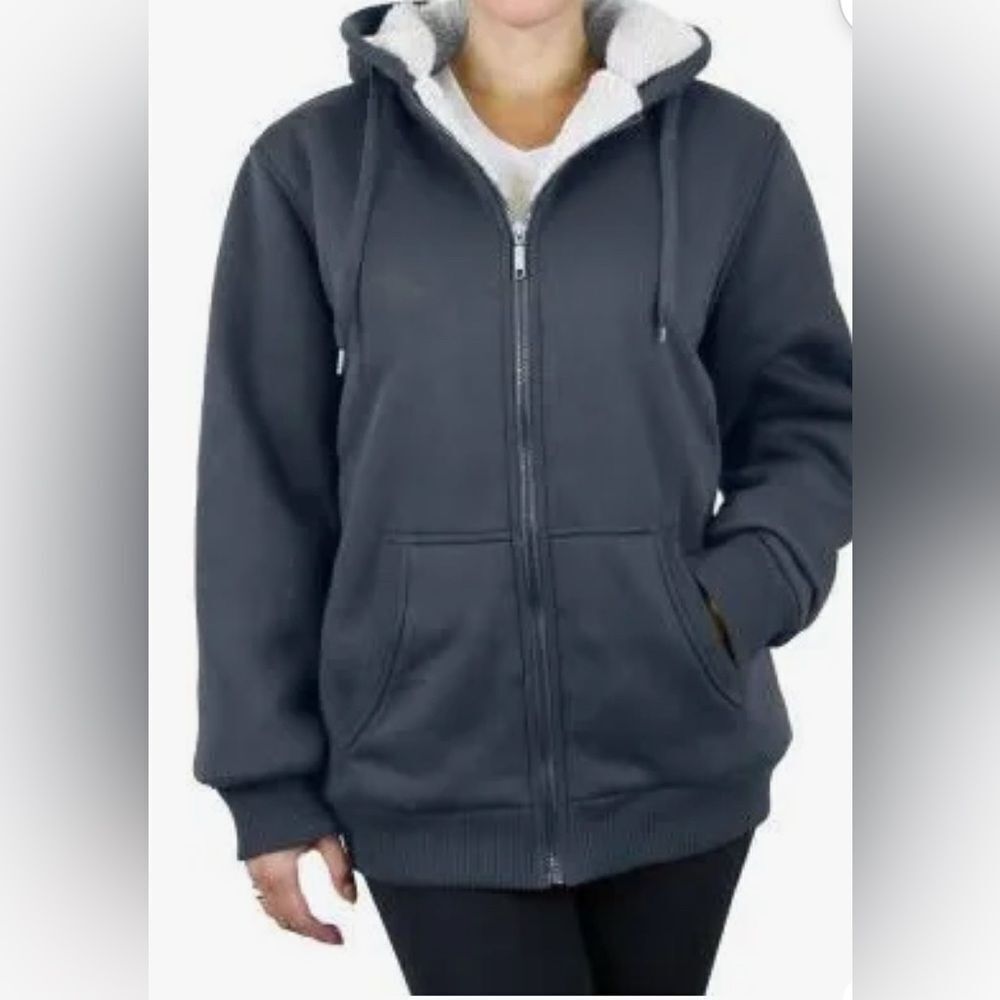 Q-Active Loose Fit Sherpa Lined Fleece Zip-Up Hoodie Navy Medium NWT